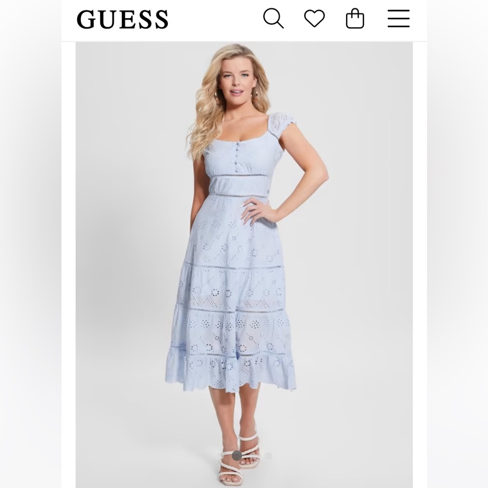Guess-Elegant-Baby Blue-Cap Sleeves-Long Eyelet Dress- 100% Cotton-NWT